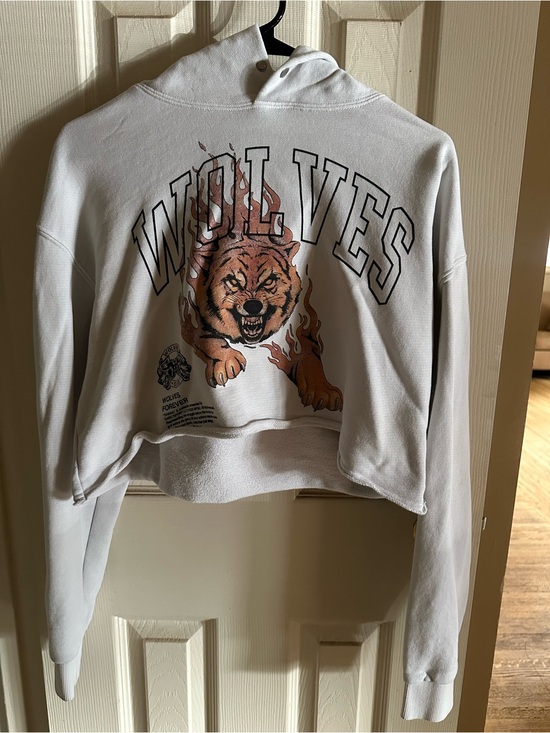 Darc Sport Tops - Darc Sport White Cropped "Wolves" Hoodie with Flaming Wolf Graphic